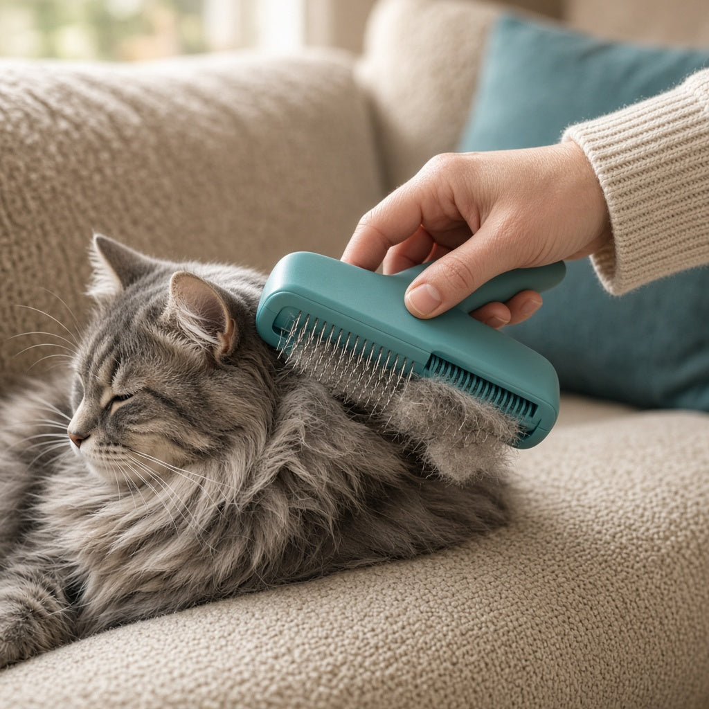 Brushing a grey cat with the slicker brush