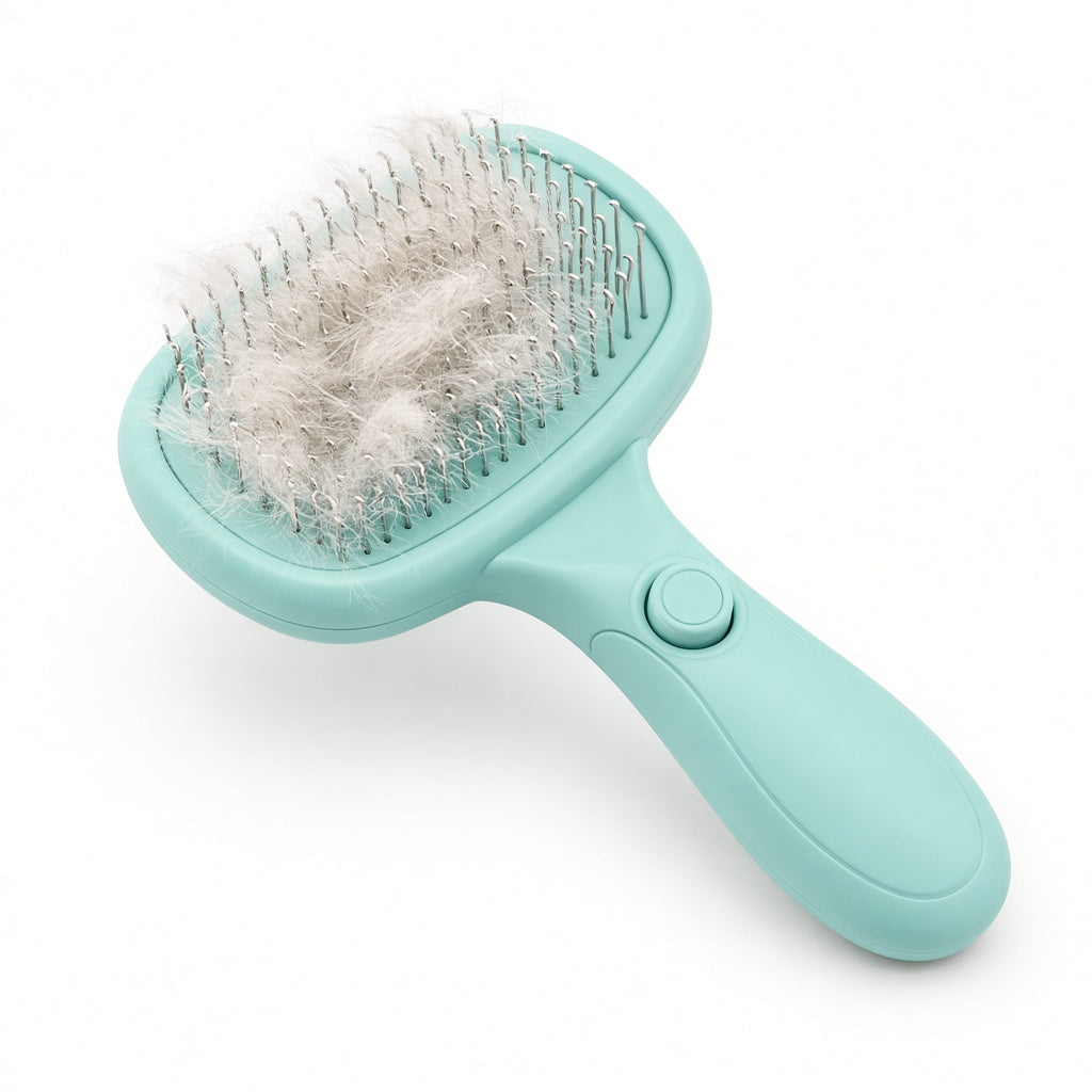 Teal self-cleaning slicker brush with release button