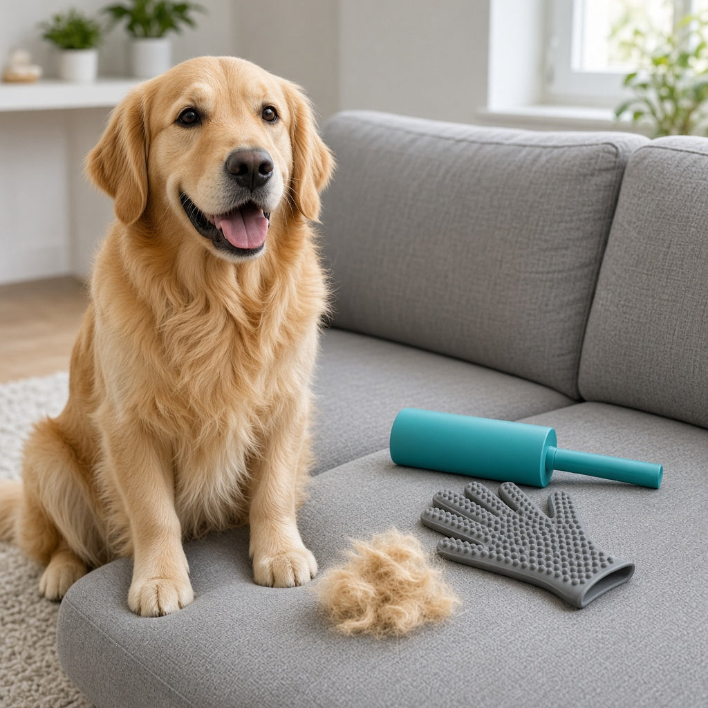 Golden retriever on sofa with roller and glove kit