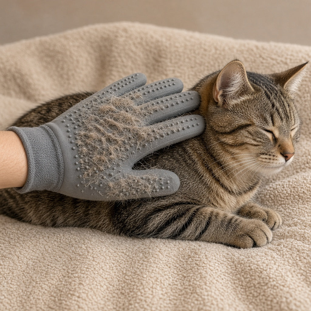 Grooming glove collecting loose cat fur