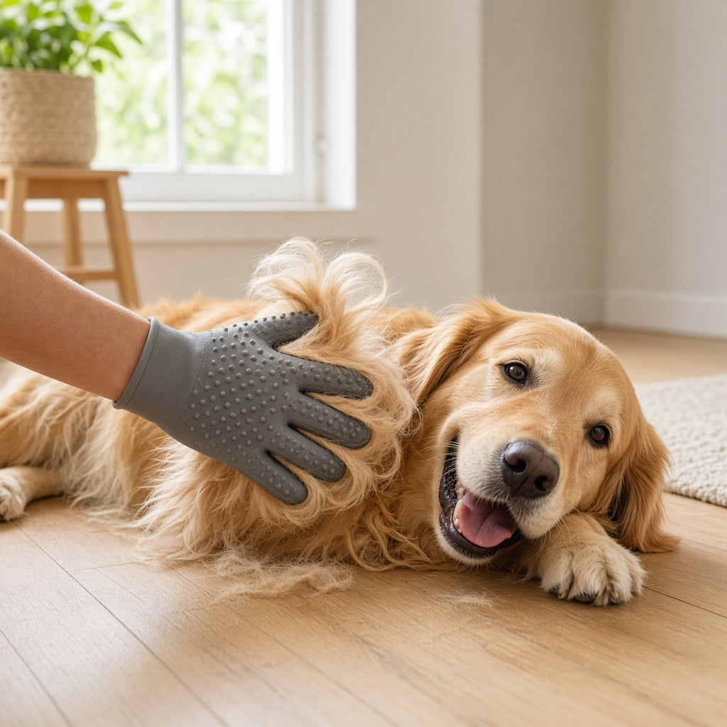 Grooming glove lifting loose fur from a golden retriever