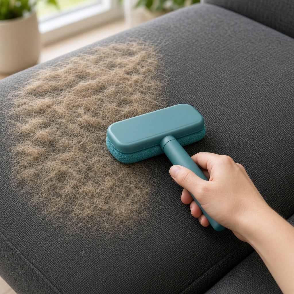 Reusable roller removing pet hair from a sofa