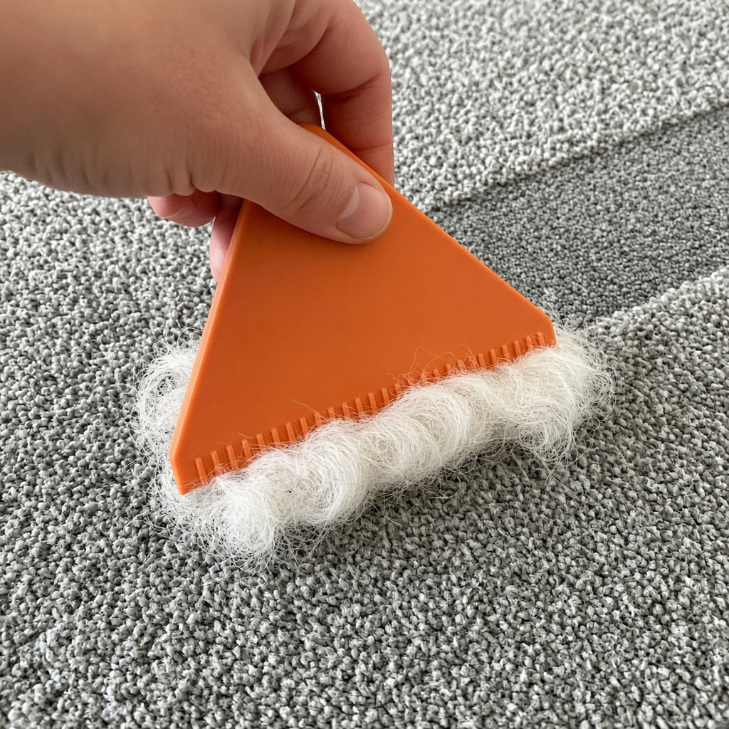 Rubber scraper lifting white dog hair from grey carpet